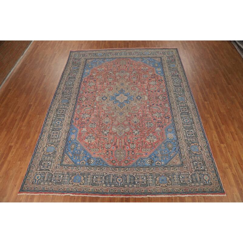 Pink Geometric Tabriz Persian Vintage Rug Hand-Knotted Wool Carpet - 9'8" x 12'11"