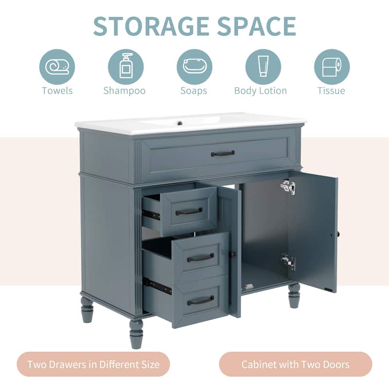 36" Blue Bathroom Vanity with Ceramic Sink, Freestanding Cabinet with Drawers and Solid Wood Frame