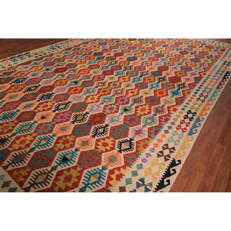 All-Over Geometric Kilim Oriental Large Rug Flatweave Wool Carpet - 10'3" x 16'6"