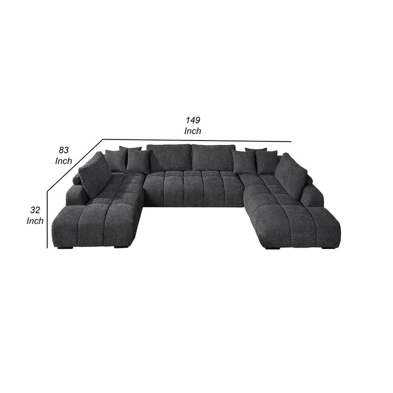 Cloe U Sectional Sofa, 3 Accent Pillows, Gray Linen Fabric, 149 Inch