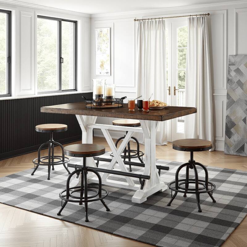 Becy Counter Height Dining Table, 60 Inch, White and Brown Pine Wood