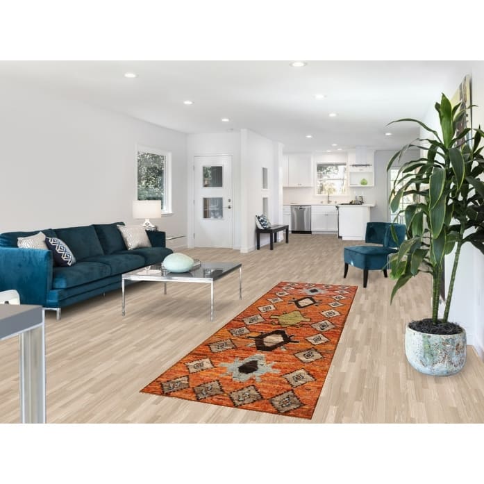 Geometric Orange Moroccan Oriental Runner Rug Handmade Wool Carpet - 2'9" x 9'9"