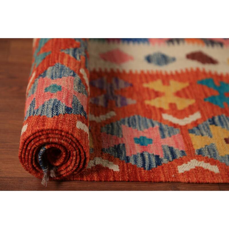 Reversible Kilim Oriental Area Rug Hand-Woven Orange Wool Carpet - 8'2" x 9'9"