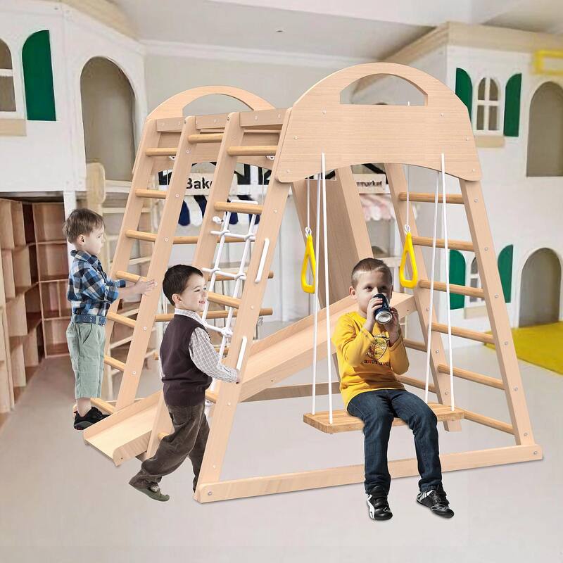 Kids 7-in-1 Natural Wood Indoor Play Gym Safe Playset for Motor Skills and Physical Activity Fun - 55.2”L x 47.3”W x 47.3”H