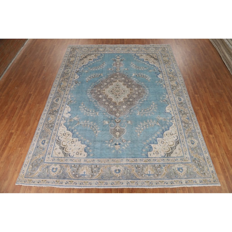 Light Blue Medallion Tabriz Persian Area Rug Hand-Knotted Wool Carpet - 9'10"x 12'10"