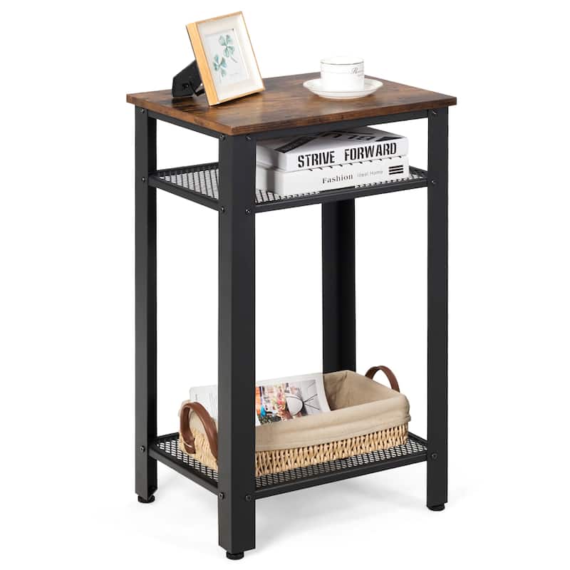 Costway 3-Tier Industrial Tall Nightstand Side End Telephone Table w/ - See Details - See Details - Brown/Black - MDF