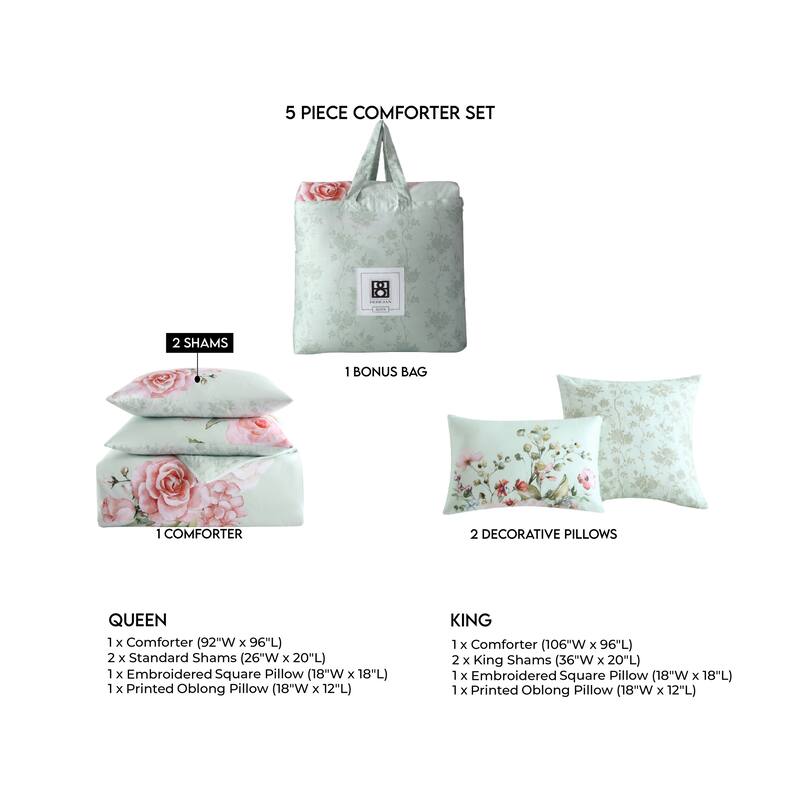 Bebejan Rose on Misty Green 100% Cotton 5-Piece Reversible Comforter Set