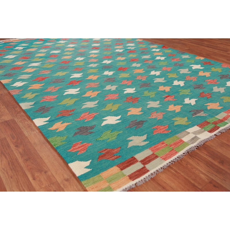 Hand Woven Oriental 100% Wool Carpet Southwestern All-Over Green Kilim Area Rug - 8' 2'' X 5' 7''
