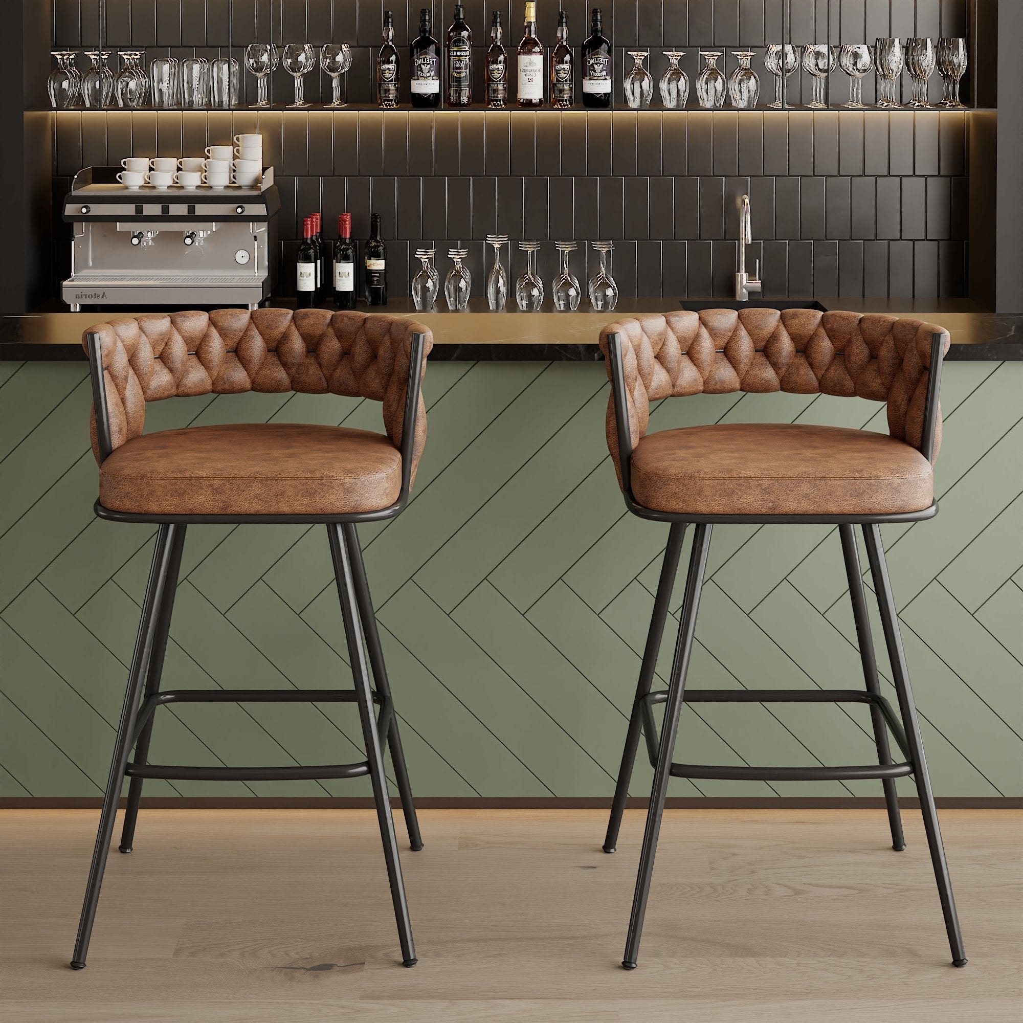 VECELO Counter Height Bar Stools with Woven Backrest 26.77" Seat Height Mid-Century Modern Upholstered Bar Chairs for Kitchen