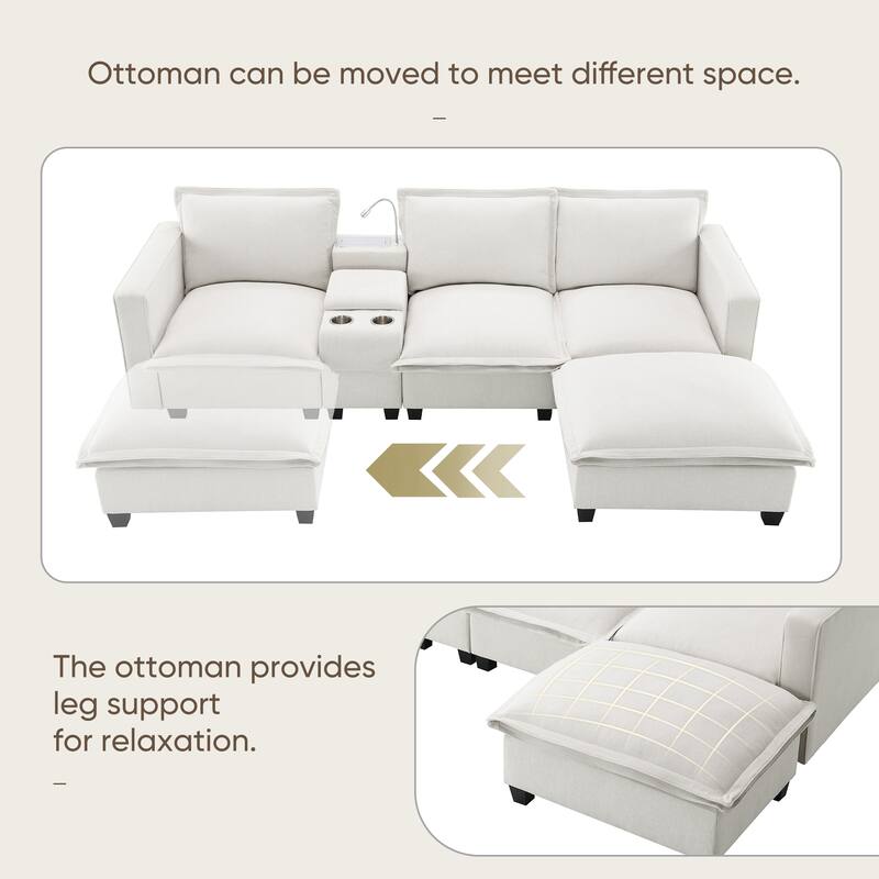 Cloud Sectional Sofa wConsole, USB, Reading Light, Cup Holder, Ottoman