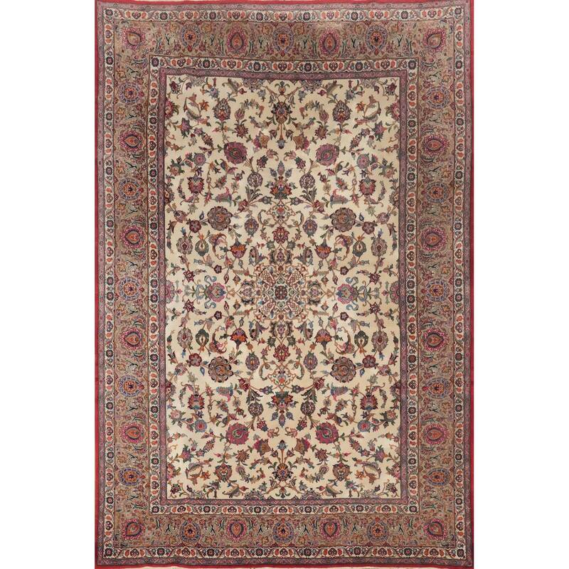 Hand Knotted Oriental 100% Wool Carpet Traditional Floral Beige & Ivories Tabriz Area Rug - 10' 4'' X 7' 4''