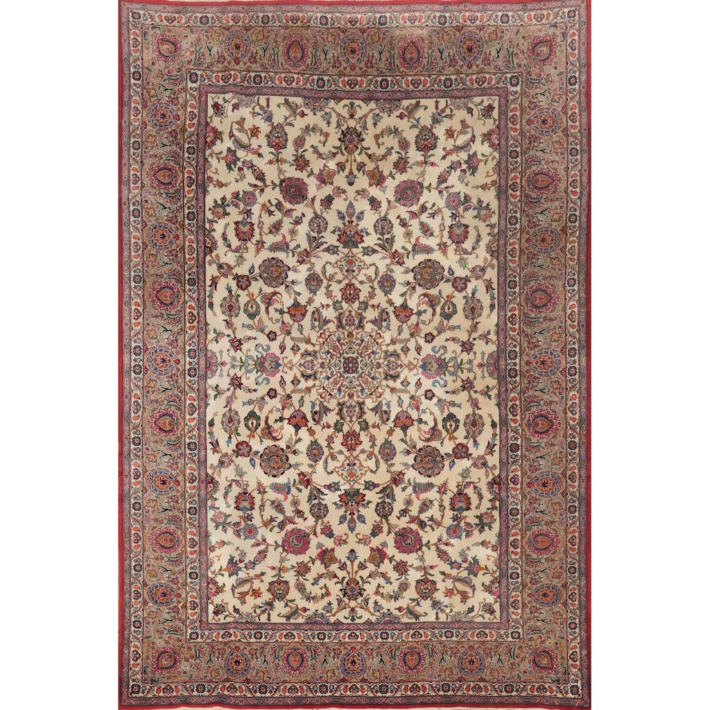 Hand Knotted Oriental 100% Wool Carpet Traditional Floral Beige & Ivories Tabriz Area Rug - 10' 4'' X 7' 4''