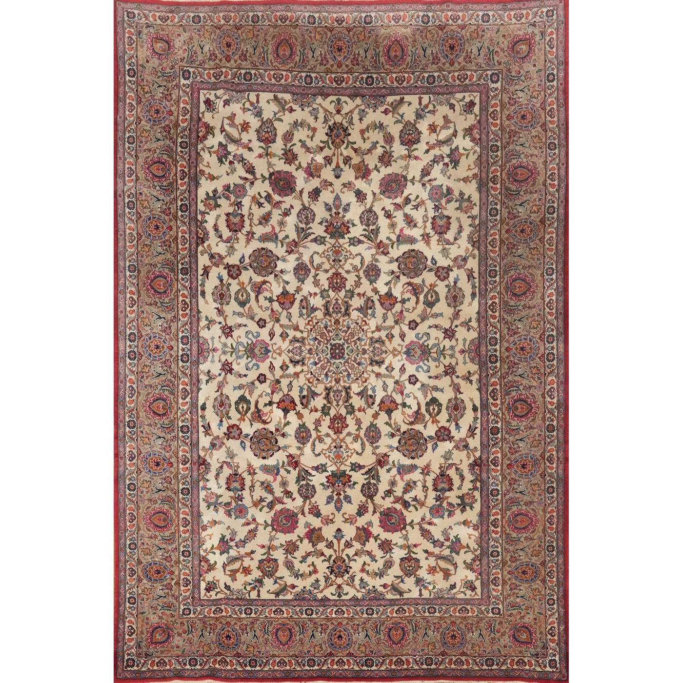 Hand Knotted Oriental 100% Wool Carpet Traditional Floral Beige & Ivories Tabriz Area Rug - 10' 4'' X 7' 4''
