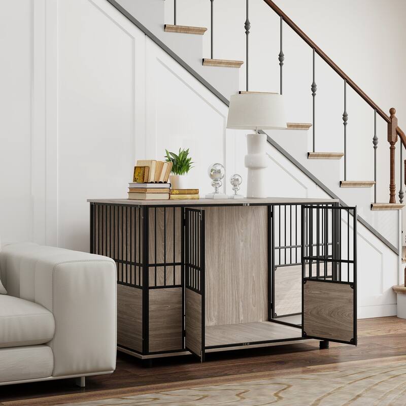 Decorative Dog Kennel Indoor End Table with Double Doors, Multi-Purpose Pet Crate for Small to Large Dogs up to 88 lb, 46"L