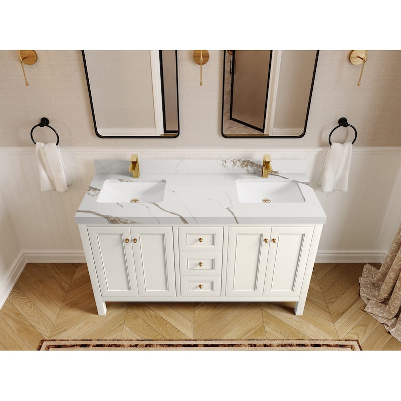 Willow Collections 60 in. W x 22 in. D Nashville Double Bowl Sink Bathroom Vanity with Countertop - 2”Calacatta Gold - Ivory