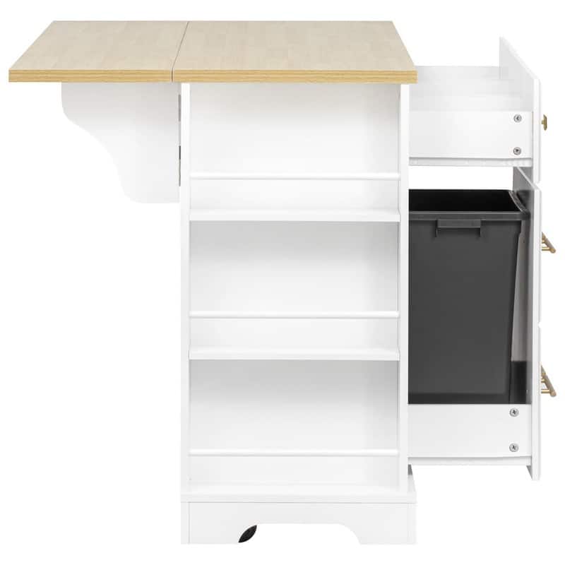 51.2" Rolling Kitchen Island with Drop Leaf, Kitchen Island with 6 Drawers, Pull Out Trash Can Storage and Power Outlet