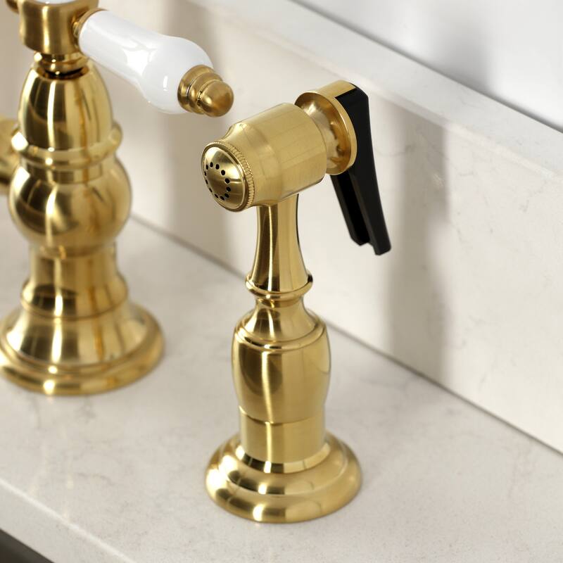 Kingston Brass Bel-Air Two-Handle 4-Hole Deck Mount Bridge Kitchen Faucet with Brass Side Sprayer