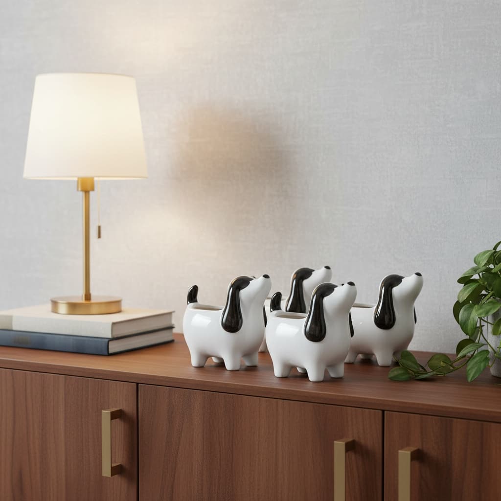 HomeRoots Set of Four Black And White Polyresin Dog Planters - 5.50 in. x 5.25 in. x 3.25 in.