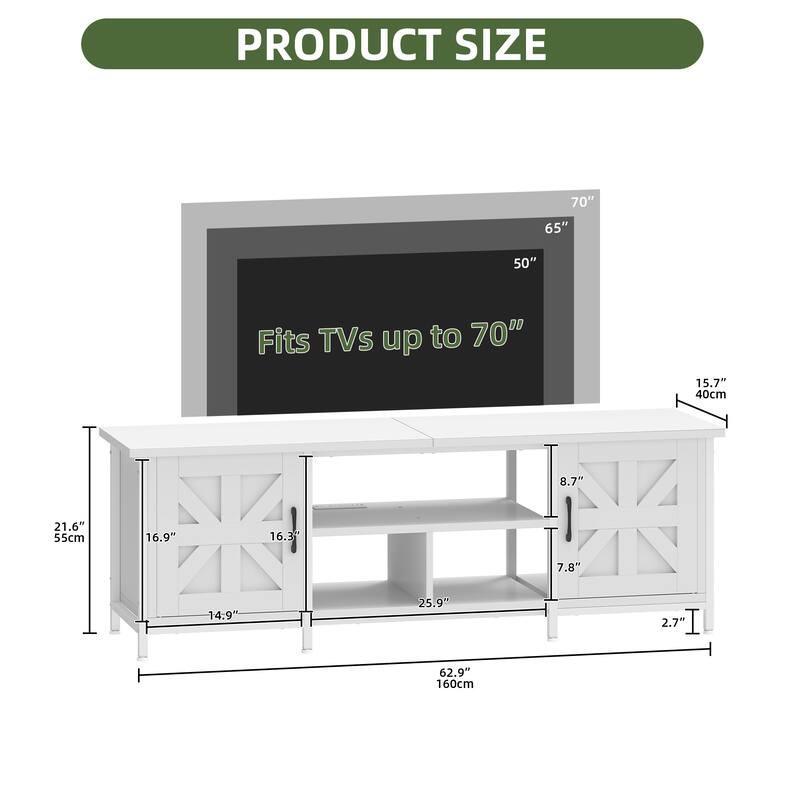 Moasis Farmhouse TV Stand with LED & Charging, Storage Cabinet and Shelves for TVs up to 70", Black