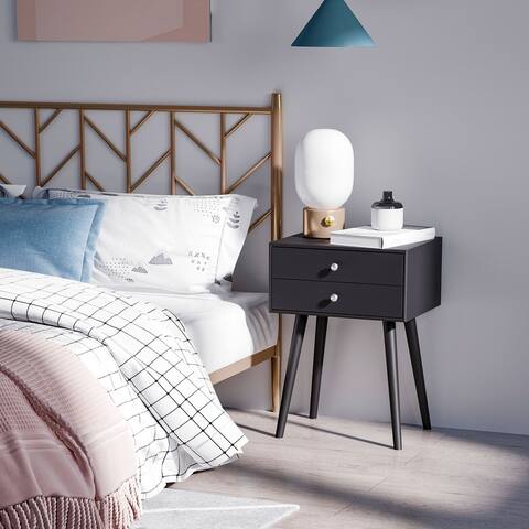 HOMCOM Modern Nightstand with 2 Pull Out Drawers, Side End Table with Display Tabletop and Solid Acacia Legs
