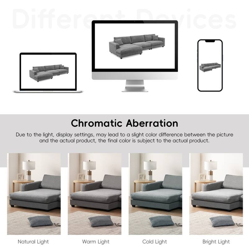 134" Oversized Corduroy Sectional L-shaped Cloud Sofa with USB Charging Port and Cup Holder