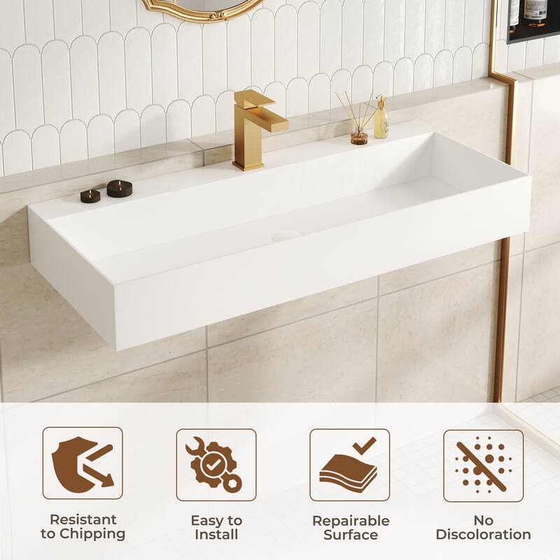 Solid Surface Wall-Mounted Rectangular Bathroom Sink with Pop-Up Drain, Modern Floating Wash Basin with Center Drain