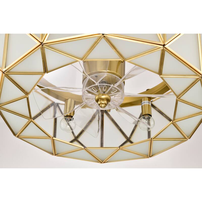 Brunel 6-light Brass and Frosted Glass Pyramid Design Fandelier Lighted Ceiling Fan Remote Control - Brass-White