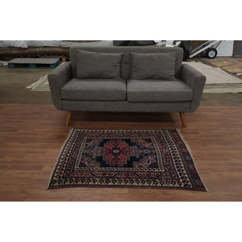 Hand Knotted Oriental 100% Wool Carpet Traditional Geometric Navy Blue & Blues Afshar Area Rug - 3' 10'' X 3' 1''