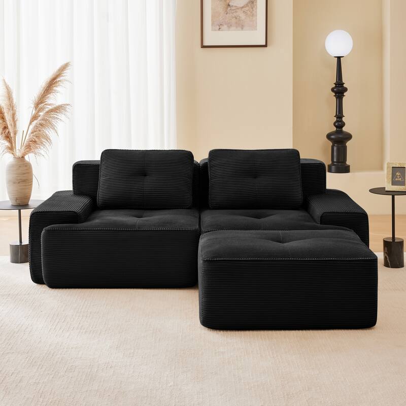 Rossetta Modern Modular Sectional Corduroy Fabric Ribbed Texture Deep Seat Sofa with Movable Ottoman - Black