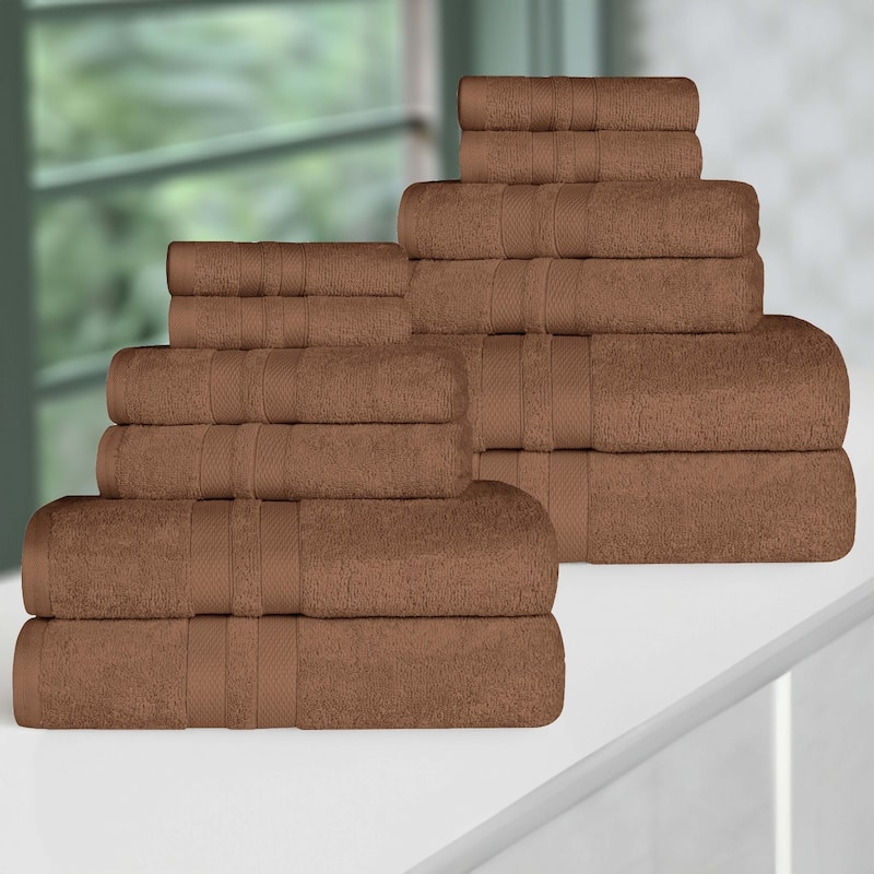 Superior Ultra-Soft Cotton Solid Quick-Drying 12 Piece Towel Set - Chocolate