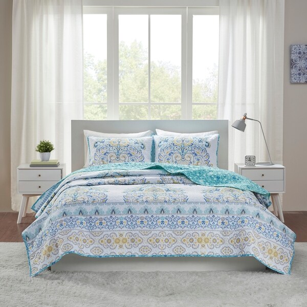 NEW ~ MODERN CHIC BLUE AQUA WHITE YELLOW BEACH TROPICAL BOHO BOHEMIAN QUILT SET
