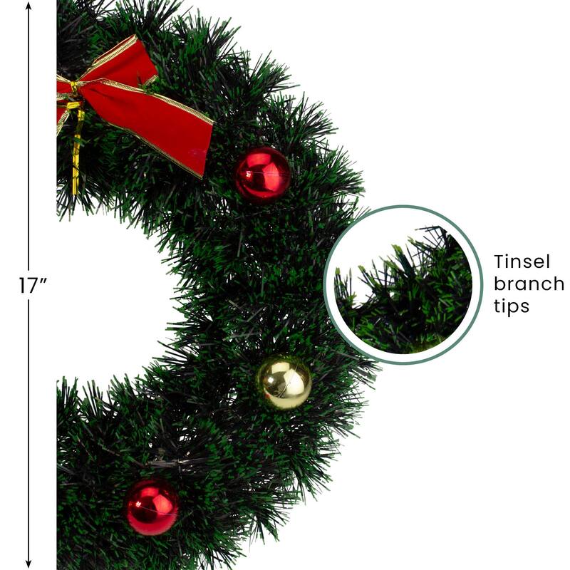 Tinsel Artificial Christmas Wreath with Ornaments and Bow - 17" - Unlit