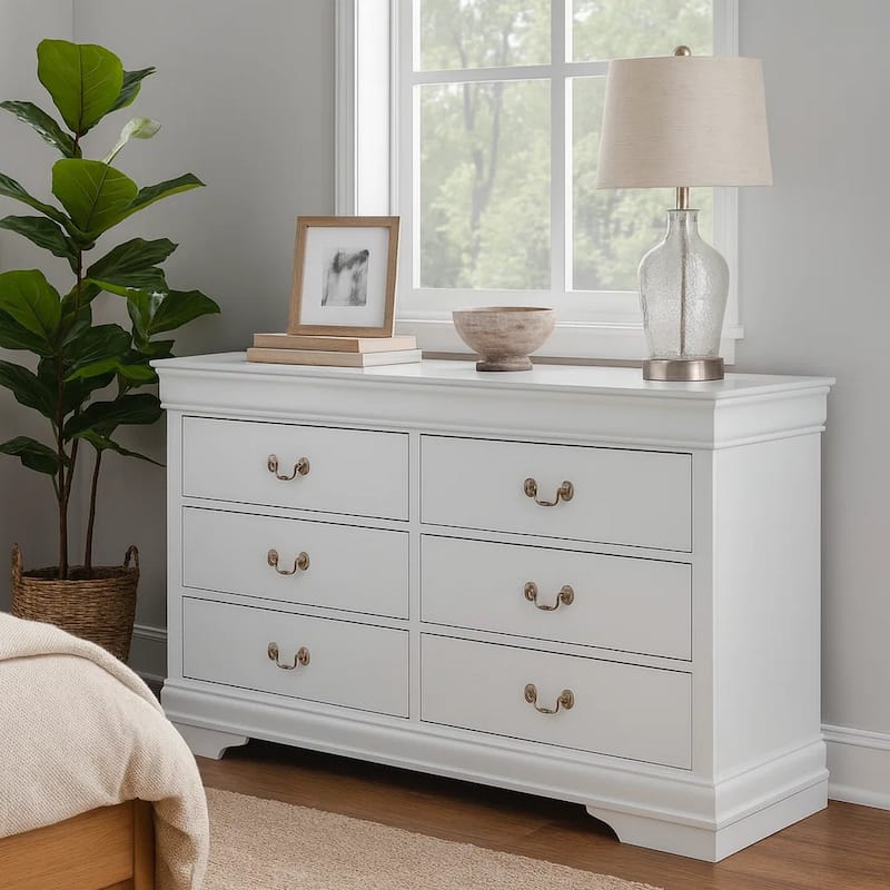 Transitional Style 6 Drawer Dresser with Metal Pulls, White