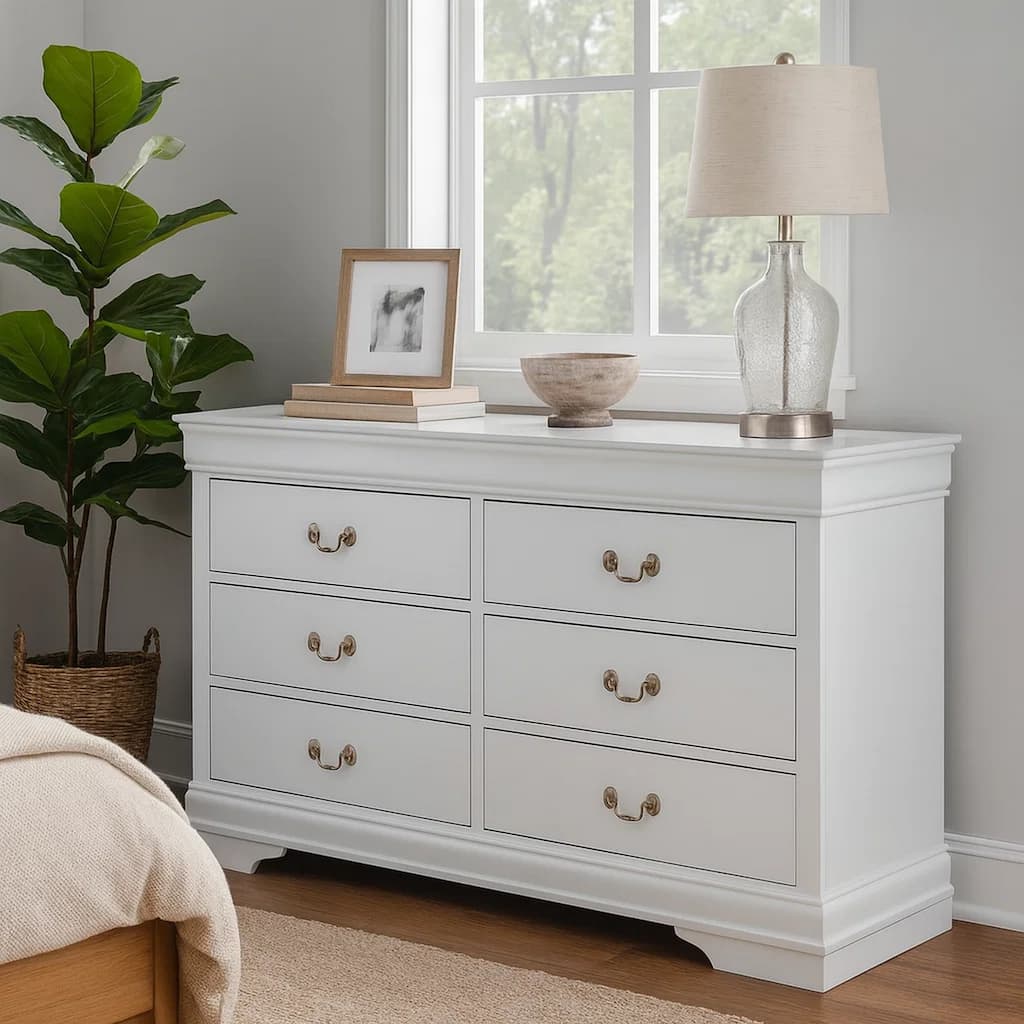 Transitional Style 6 Drawer Dresser with Metal Pulls, White