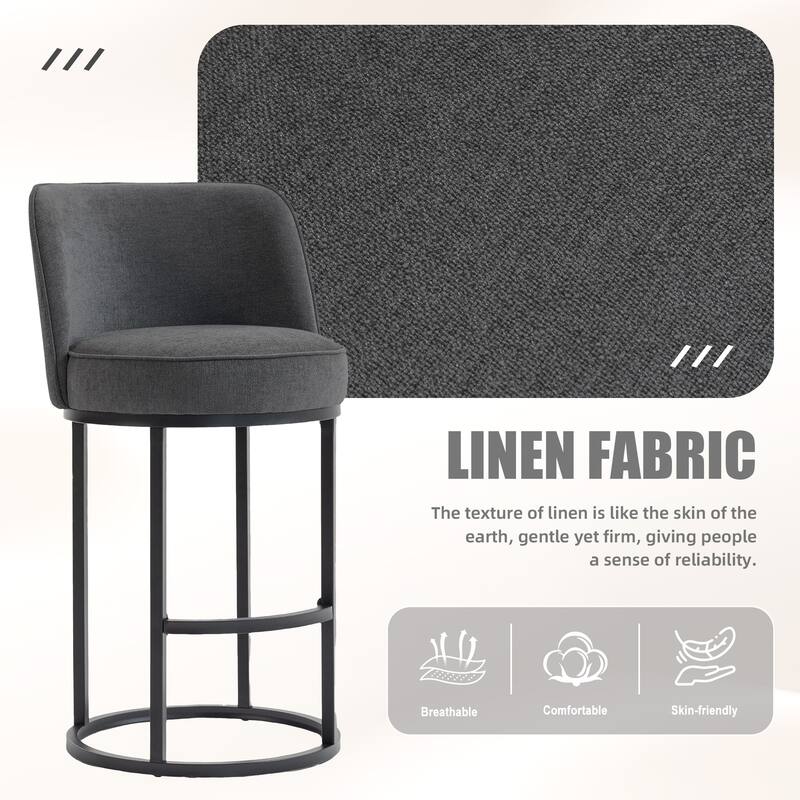 Set of 2 Modern Barrel Counter Stools with Backrest, Linen Upholstered Bar Stools for Kitchen Island
