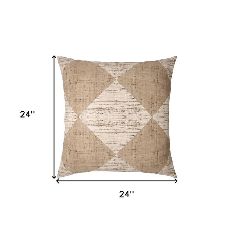HomeRoots 24" Brown and Beige Diamond Silk Throw Pillow With Embroidery