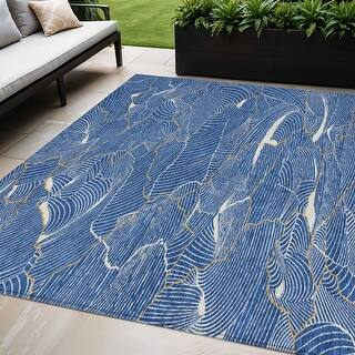 5' X 8' Blue Ivory And Gold Abstract Washable Indoor Outdoor Area Rug ...