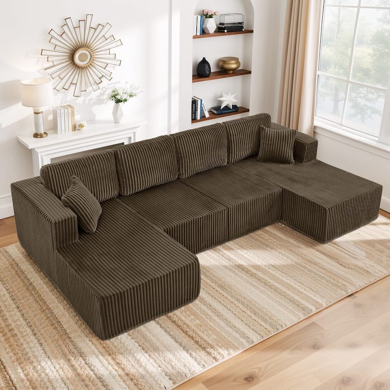 U-Shaped Modular Sectional Sofa with Dual Chaise Lounges, Oversized Corduroy Boneless Couch, Compressed Sofa with Pillows - Brown