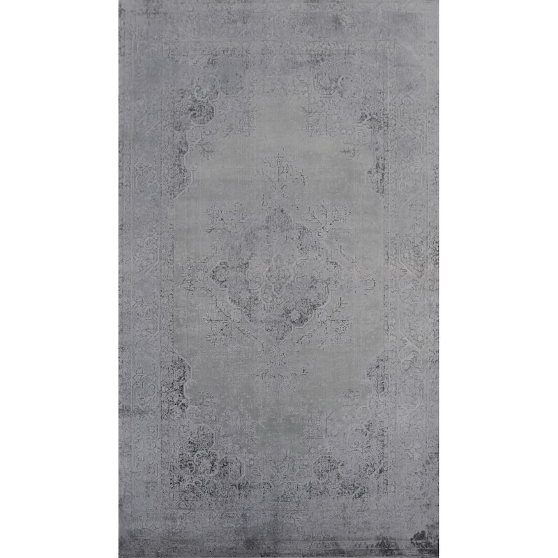 Machine Made Oriental Polyester Carpet Traditional Medallion Greys & Charcoal Tabriz Area Rug - 8' 0'' X 4' 9''