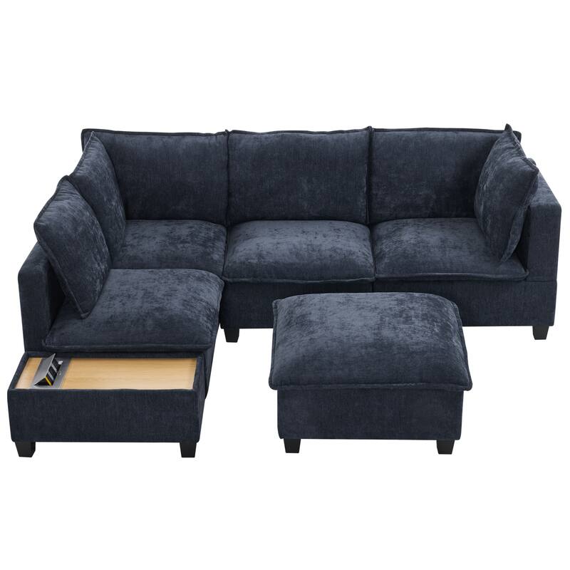 U-Shaped Sectional Sofa with Ottoman, Coffee Table with Hidden Charging Devices, Oversized Chenille Upholstered Cloud Sofa