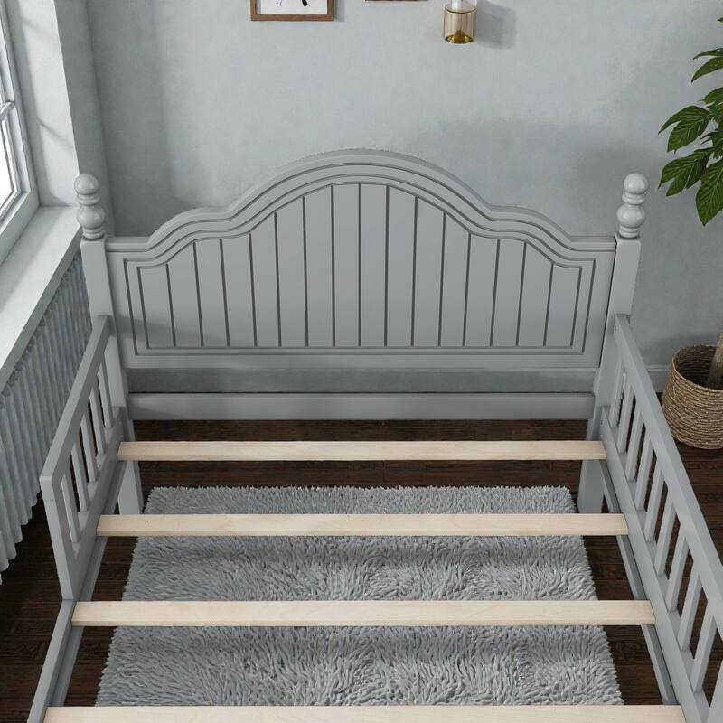 Kids Wooden Platform Bed with Safety Guardrails, Low Profile Bed with Headboard and Footboard
