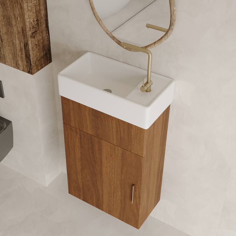 16.5" Modern Floating Bathroom Vanity - with Integrated Ceramic Basin & Storage, Wall-Mounted Vanity for Small Bathrooms