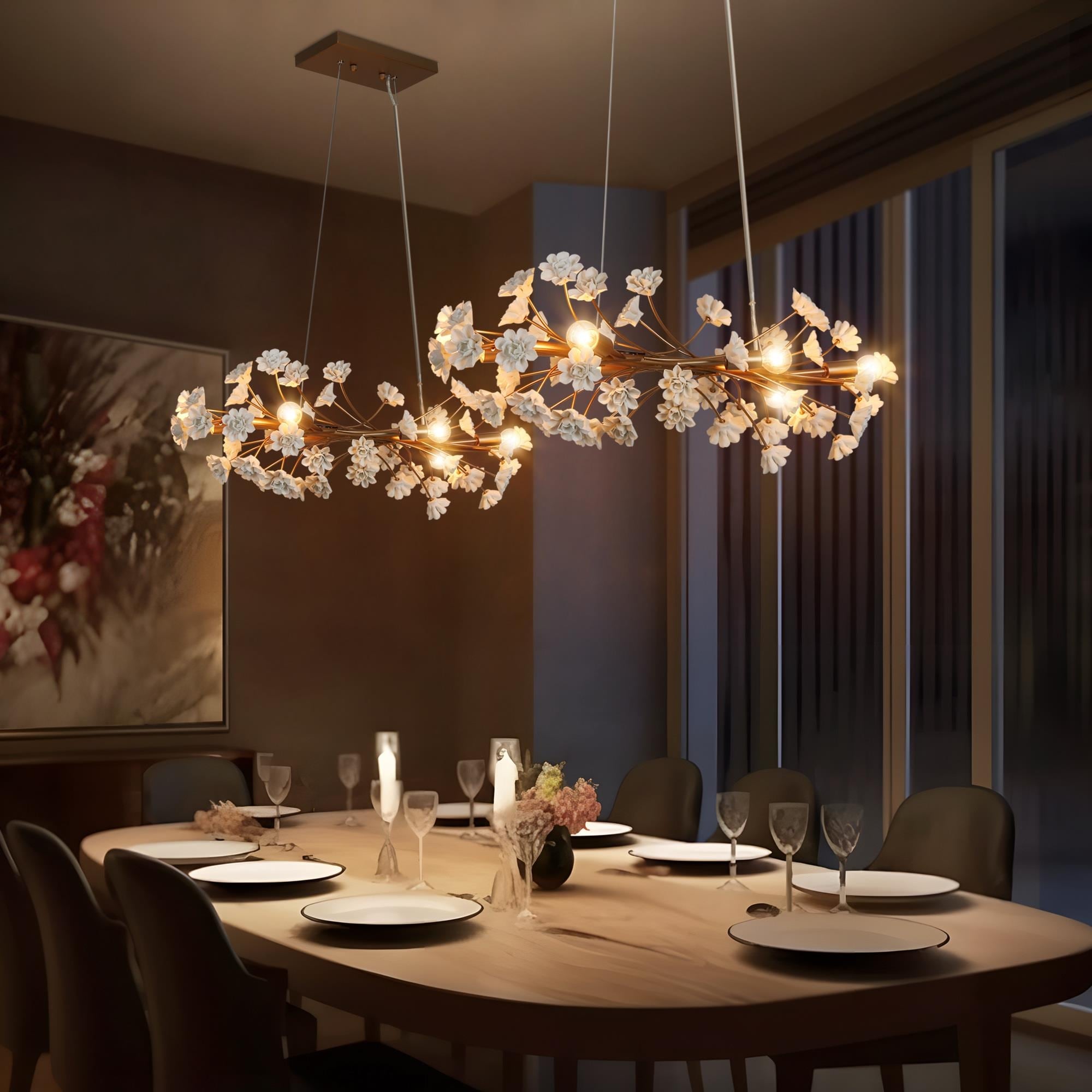 Veitchii Modern Glam Art Deco Chandelier 6-Light Linear Dining Room Lights with Ceramic Flower - L 32.2"* W 10.2"* H 10.2"