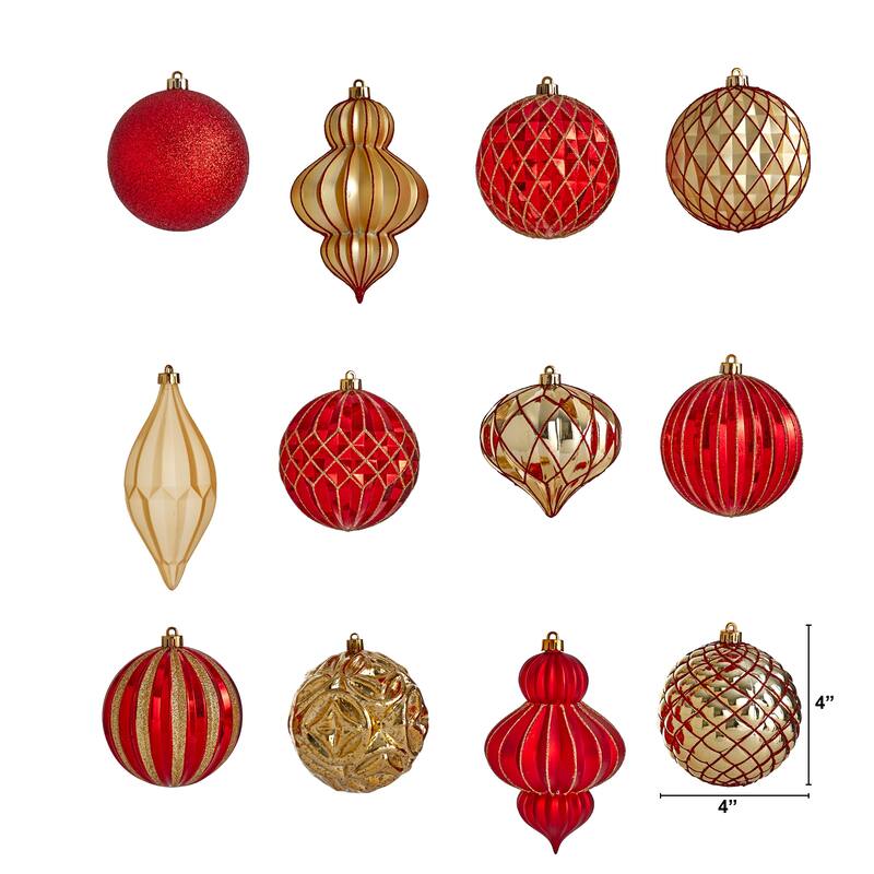 12ct Red and Gold Shatterproof 3-Finish Christmas Ornament 4" (100mm)