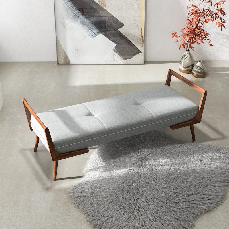 Donatello Mid Century Modern Fabric Upholstered Bench in Grey