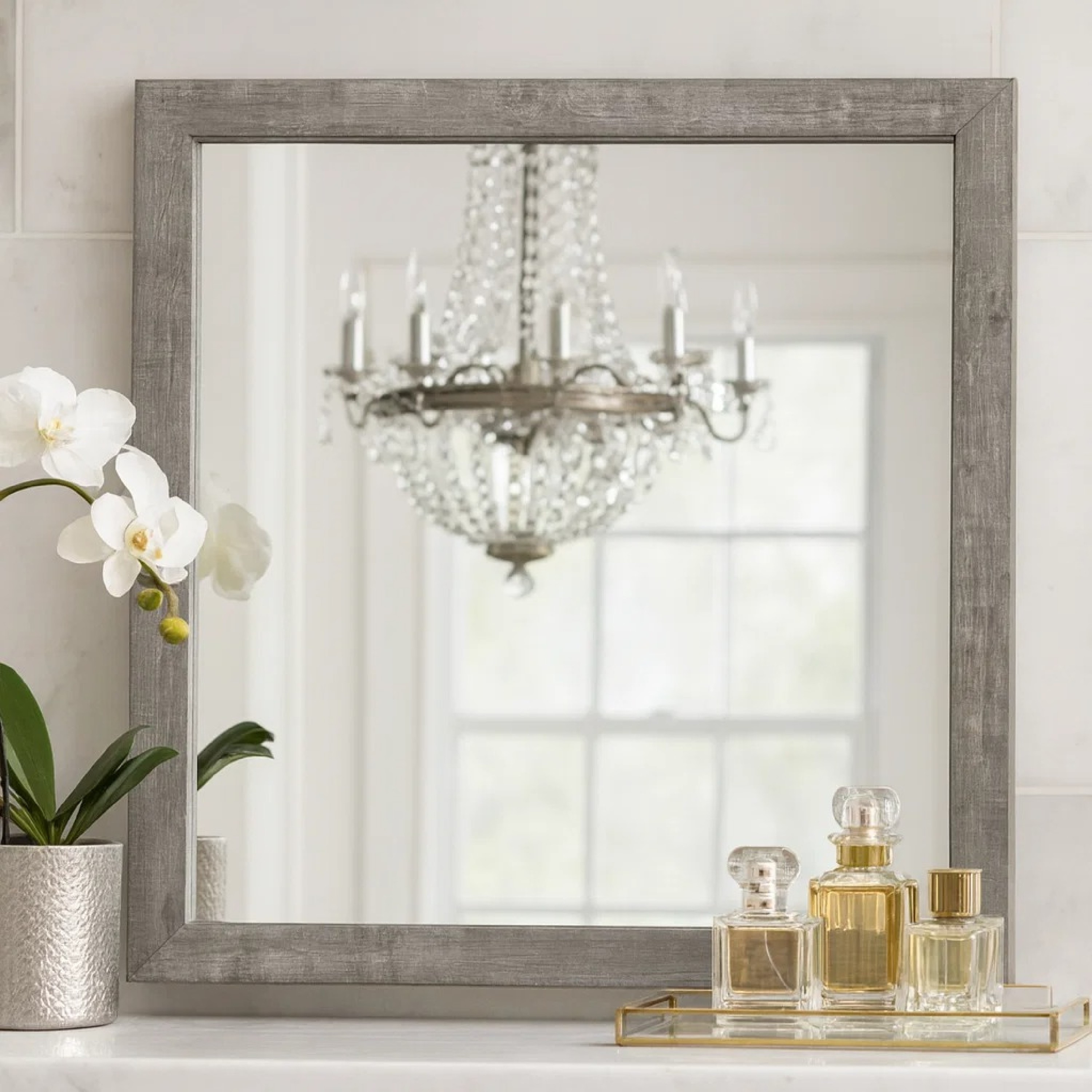 Benjara Adia 40 Inch Modern Accent Mirror, Sleek Textured Frame, Rustic Gray Veneer