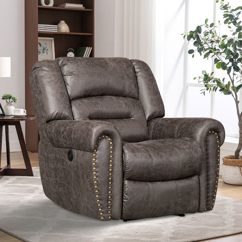 Breathable Leather Power Recliner With USB Port for Living Room and Theater - Smoke Grey