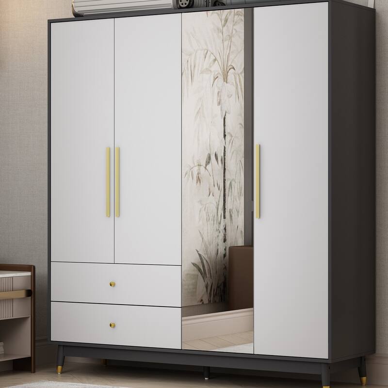 Wooden 2 Drawers 4 Doors Wardrobe Armoire With Mirror (Gray/Black)