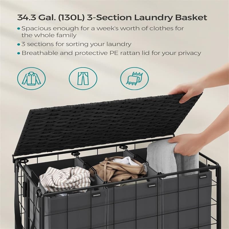 130L Laundry Basket with Lid - 26"L x 13"W x 25.6"H