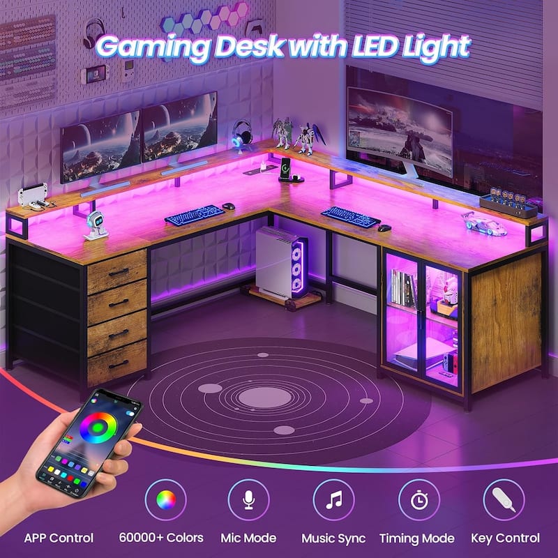 L Shaped Gaming Desk Drawers Computer Desk with Display Cabinet